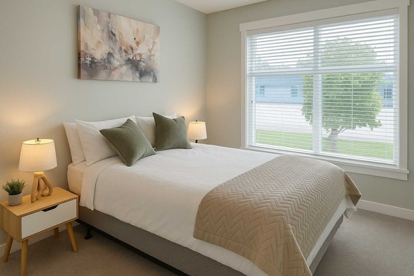 Spacious bedroom with queen bed, Wi-Fi & large window — ideal for couples.