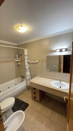 Hair dryer, bidet, towels, toilet paper