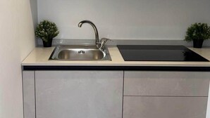 A compact kitchen with a stainless steel sink, a black induction cooktop, and light grey cabinets. - Apartment Basilica of Sant'Ambrogio (Milan)