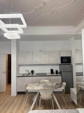 Fridge, stovetop, cookware/dishes/utensils