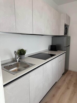Fridge, stovetop, cookware/dishes/utensils