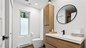 Une salle de bain moderne équipée de toilettes, d’un lavabo avec miroir et de meubles en bois.