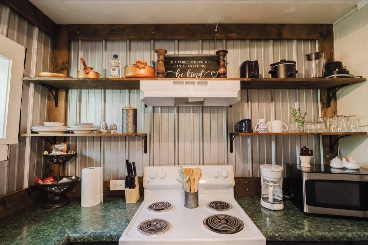 Kjøleskap, mikrobølgeovn, kokeplater og kaffetrakter/tekoker