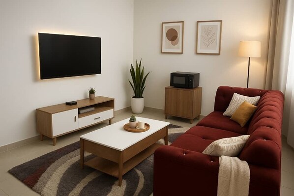 A modern living room with a flat-screen TV, a red sofa, a white coffee table, and a small cabinet.