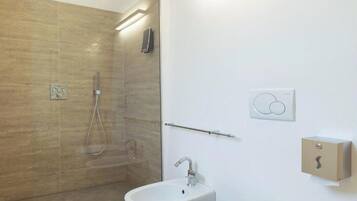 Ein modernes Badezimmer mit einer Duschkabine, einem Bidet und einer Toilette.