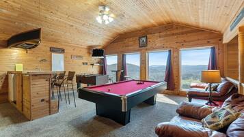 TV, fireplace, DVD player, foosball