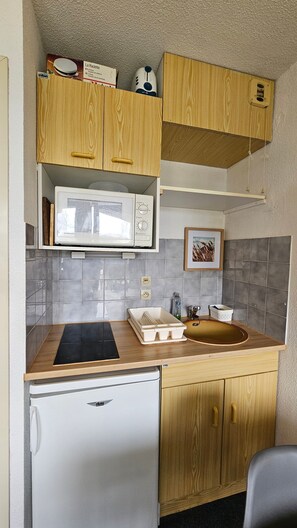 Frigorífico, microondas, horno y placa de cocina