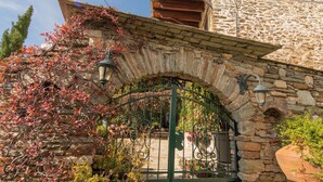A stone building with a green gate, potted plants, and a stone pathway. - Archontiko 1716 (Volos)