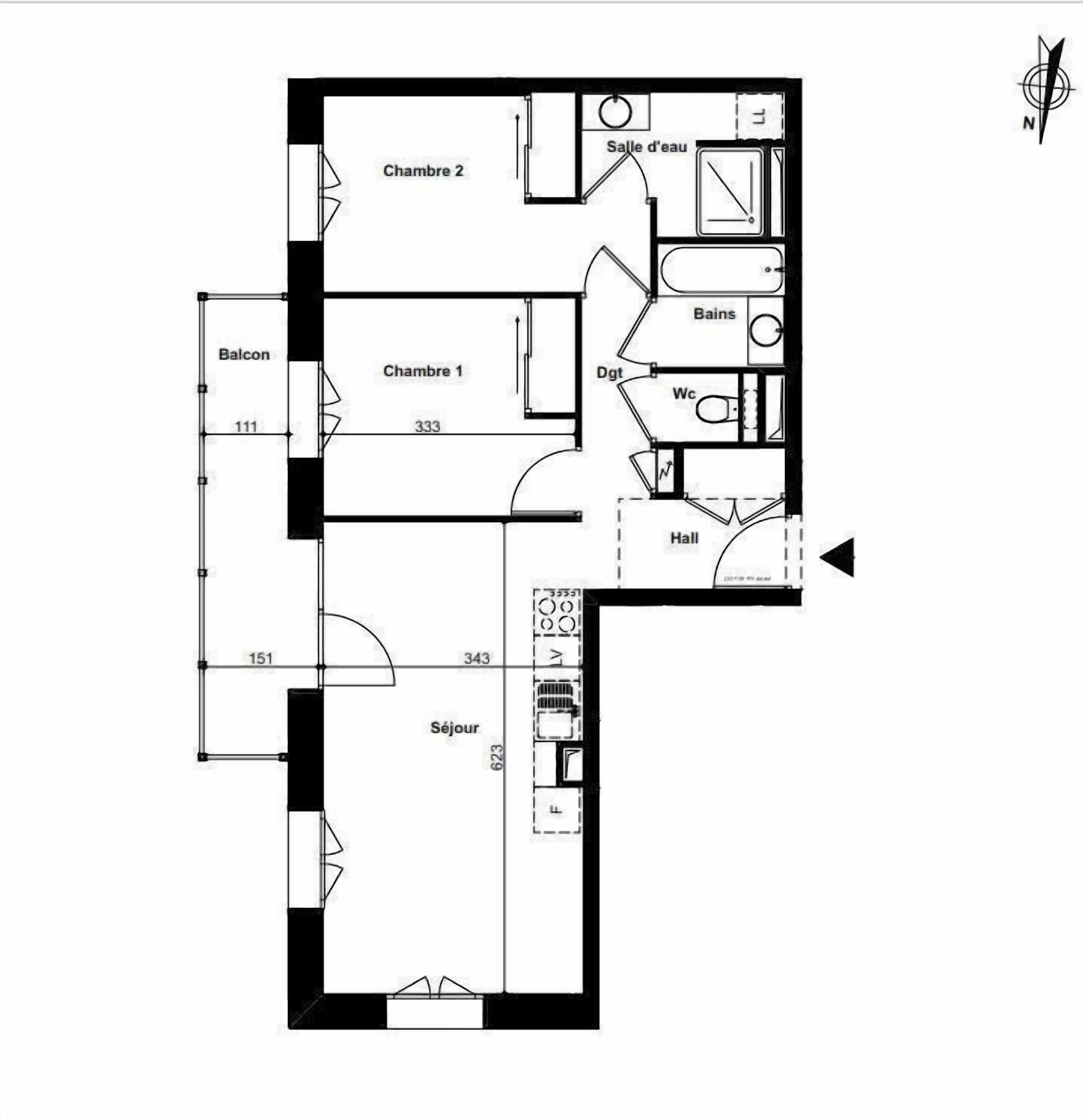 A floor plan with two bedrooms, a balcony, a bathroom, a kitchen, a living room, and a dining area.