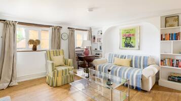 TV, fireplace, books