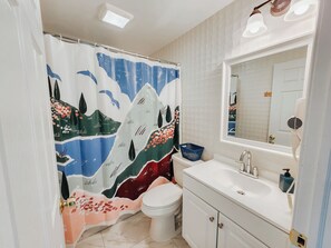 A bathroom with a white sink, a mirror, a toilet, and a shower curtain with a mountain design.