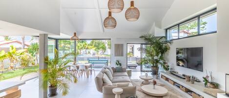 Télévision, cheminée, lecteur de DVD, chaßne hi-fi