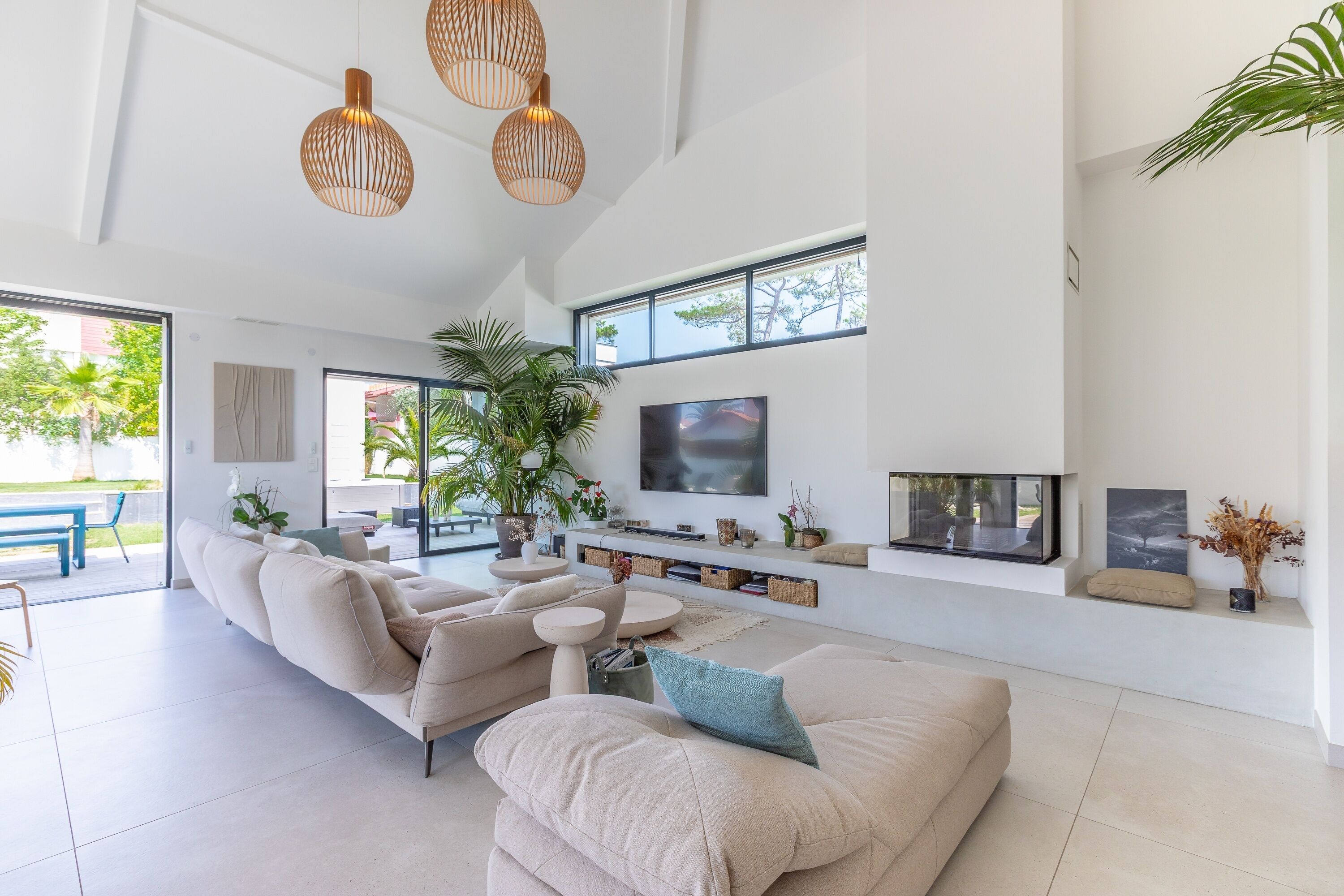 Télévision, cheminée, lecteur de DVD, chaîne hi-fi