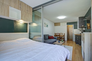A compact room with a bed, a sofa, a dining table, and a kitchenette.