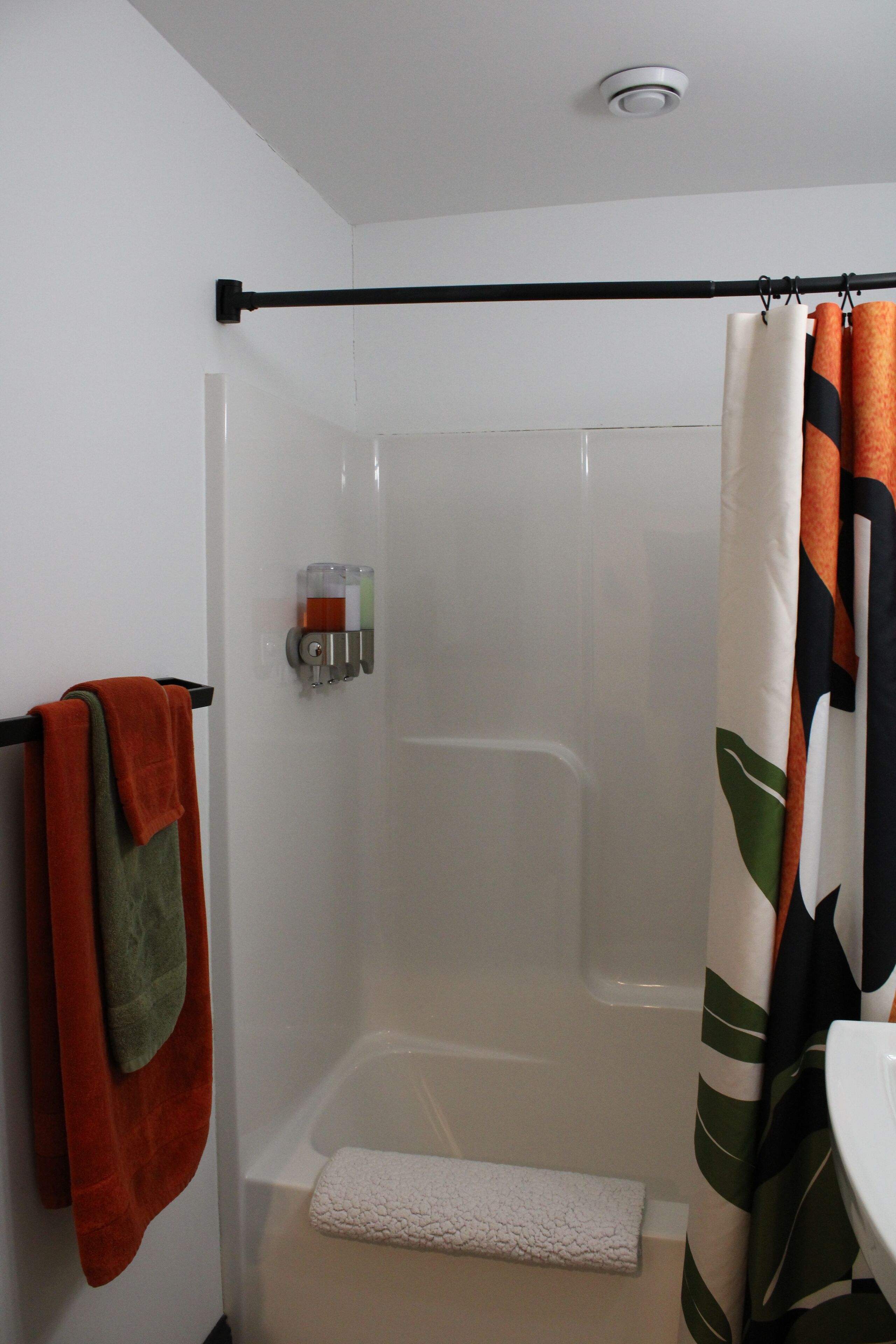 Hair dryer, towels, soap, toilet paper