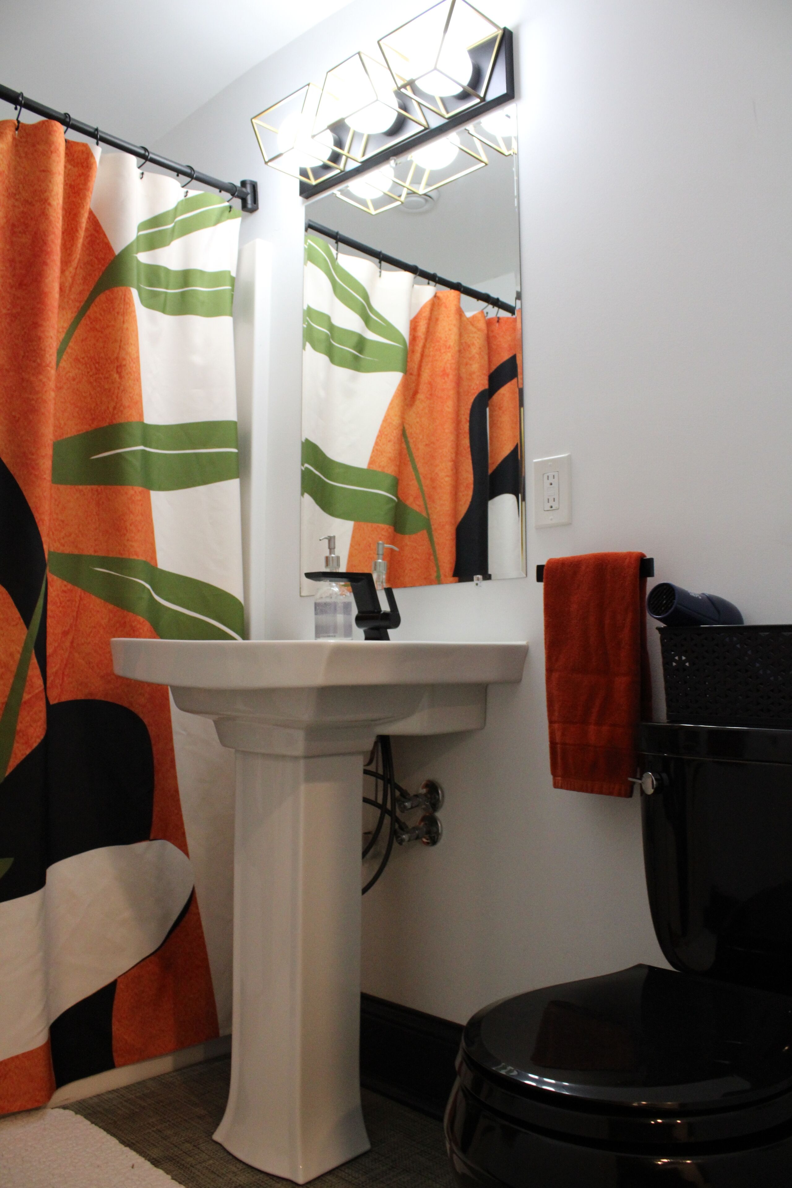 Hair dryer, towels, soap, toilet paper