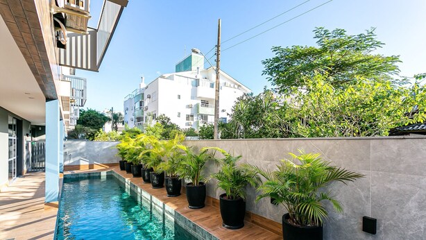 Un área de piscina moderna con una terraza de madera, rodeada de plantas en macetas y un muro de hormigón.