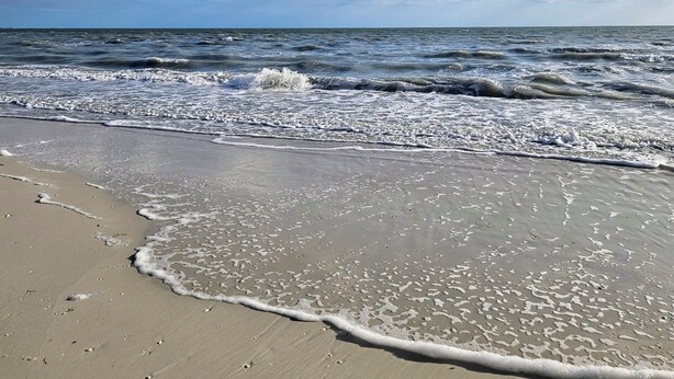 A beach with waves gently lapping at the shore, clear skies, and a horizon line.
