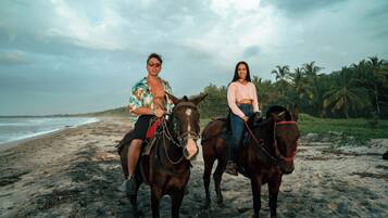 Two people on horseback on a beach with palm trees and the ocean in the background.