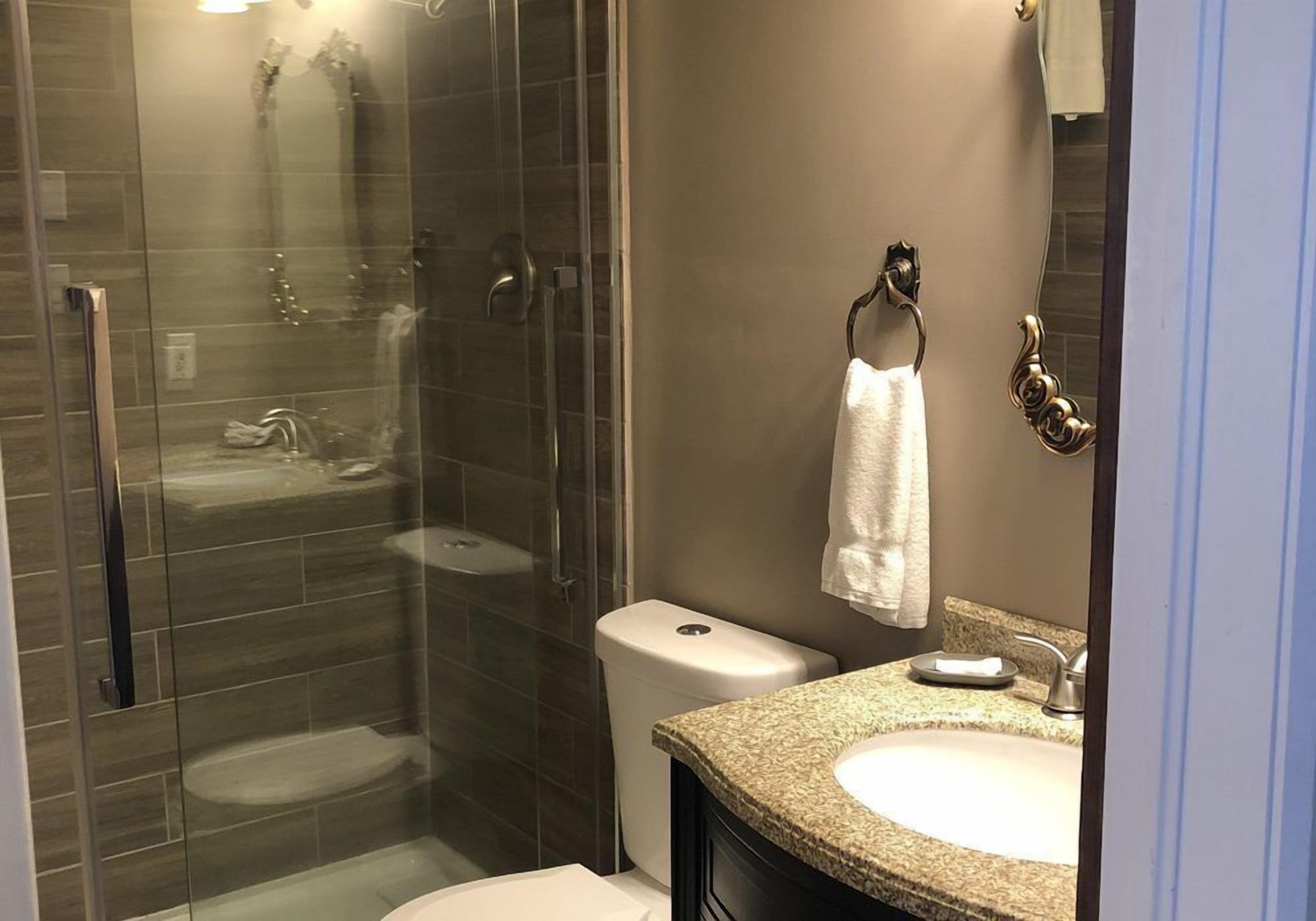 A modern bathroom with a glass-enclosed shower, a toilet, and a granite countertop sink.