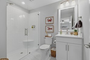 Shower, towels, soap, shampoo