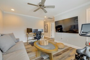Smart TV, fireplace, books, computer monitors