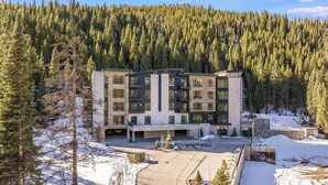 Un hôtel moderne à plusieurs étages, doté d’une cour intérieure et entouré d’une forêt dense.