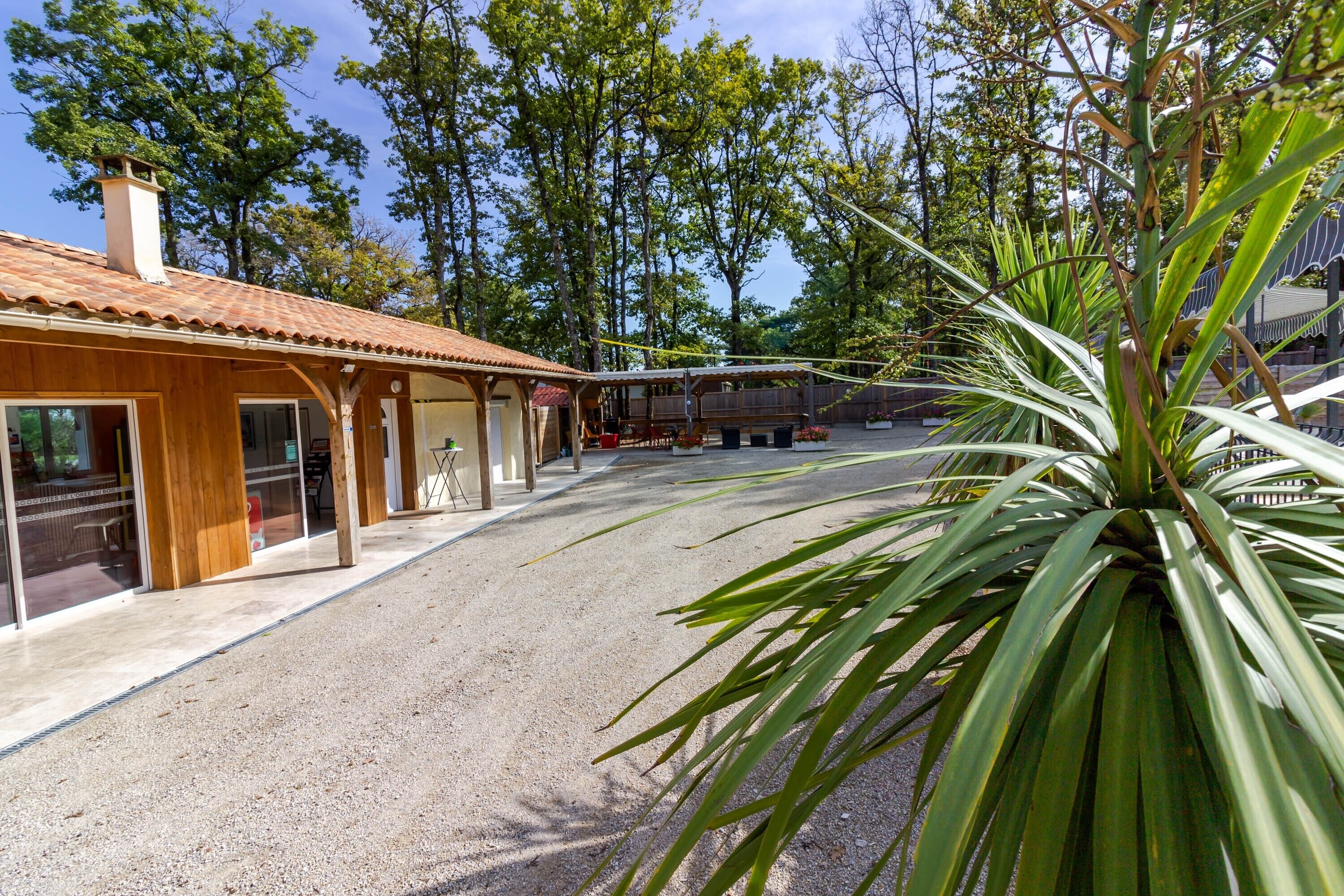 A wooden building with a tiled roof, a gravel driveway, and a large plant in the foreground.