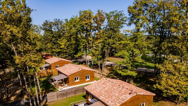 A cluster of wooden cabins with tiled roofs, surrounded by trees, and featuring outdoor seating areas. - Authentic Stay in Dordogne – Comfortable Gîte with Heated Pool (Thenon)