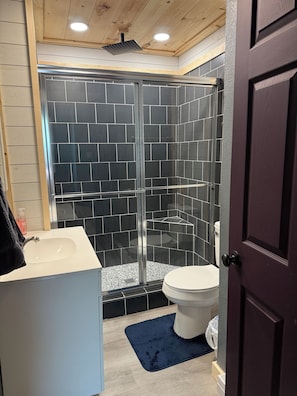 Shower, hair dryer, towels, toilet paper