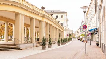 Eine gepflasterte Straße mit überdachter Laube, Blumentöpfen und Gebäuden mit Balkonen.