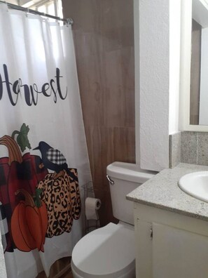 A bathroom with a shower curtain labeled "Harvest," a toilet, a sink, and a mirror.
