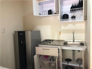 Fridge, oven, stovetop, cookware/dishes/utensils