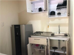 Fridge, oven, stovetop, cookware/dishes/utensils