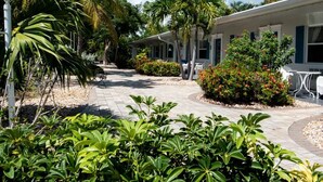 A hotel with a covered outdoor seating area, palm trees, and a pathway leading to the entrance. - ADA Poolside King Studio (Marco Island)