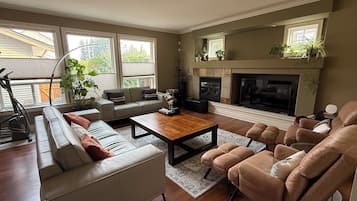 Smart TV, fireplace, books, computer monitors