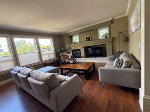 Smart TV, fireplace, books, computer monitors