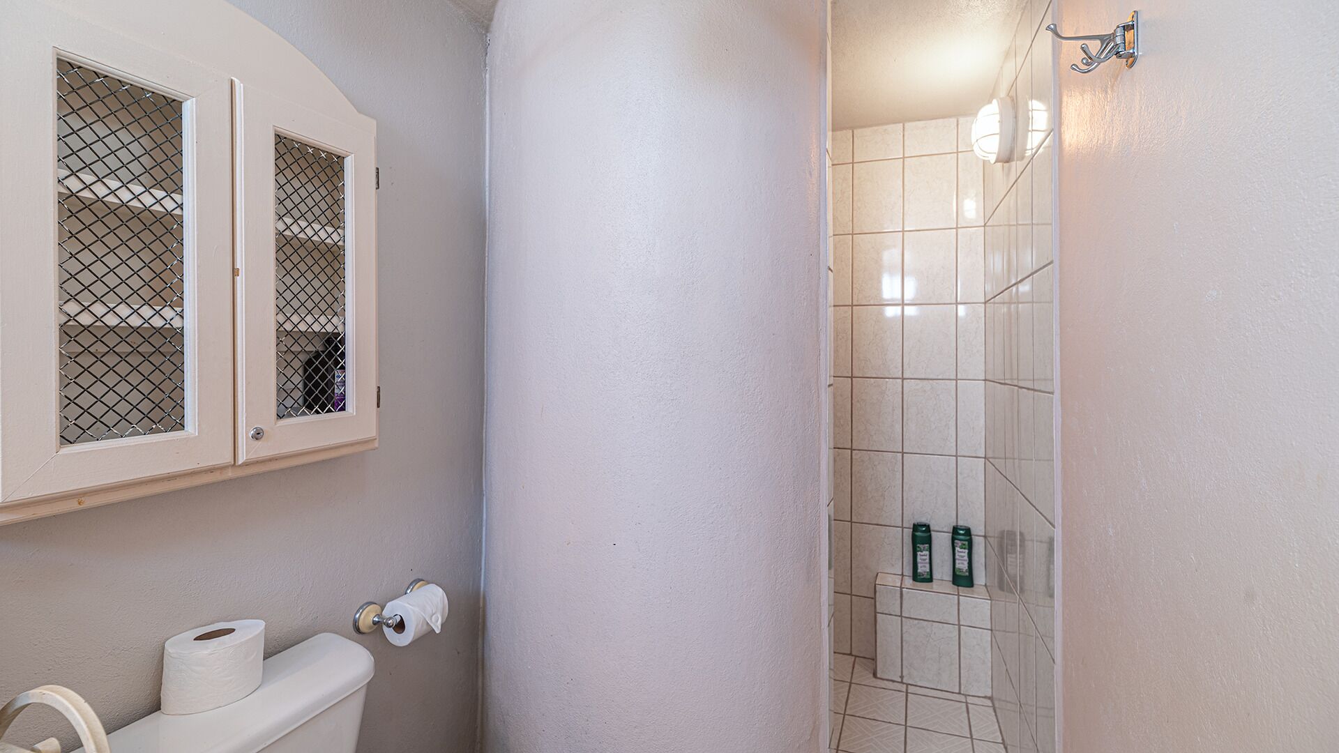 A bathroom with a toilet, a roll of toilet paper, a shower with tiled walls, and a cabinet with a mesh screen.