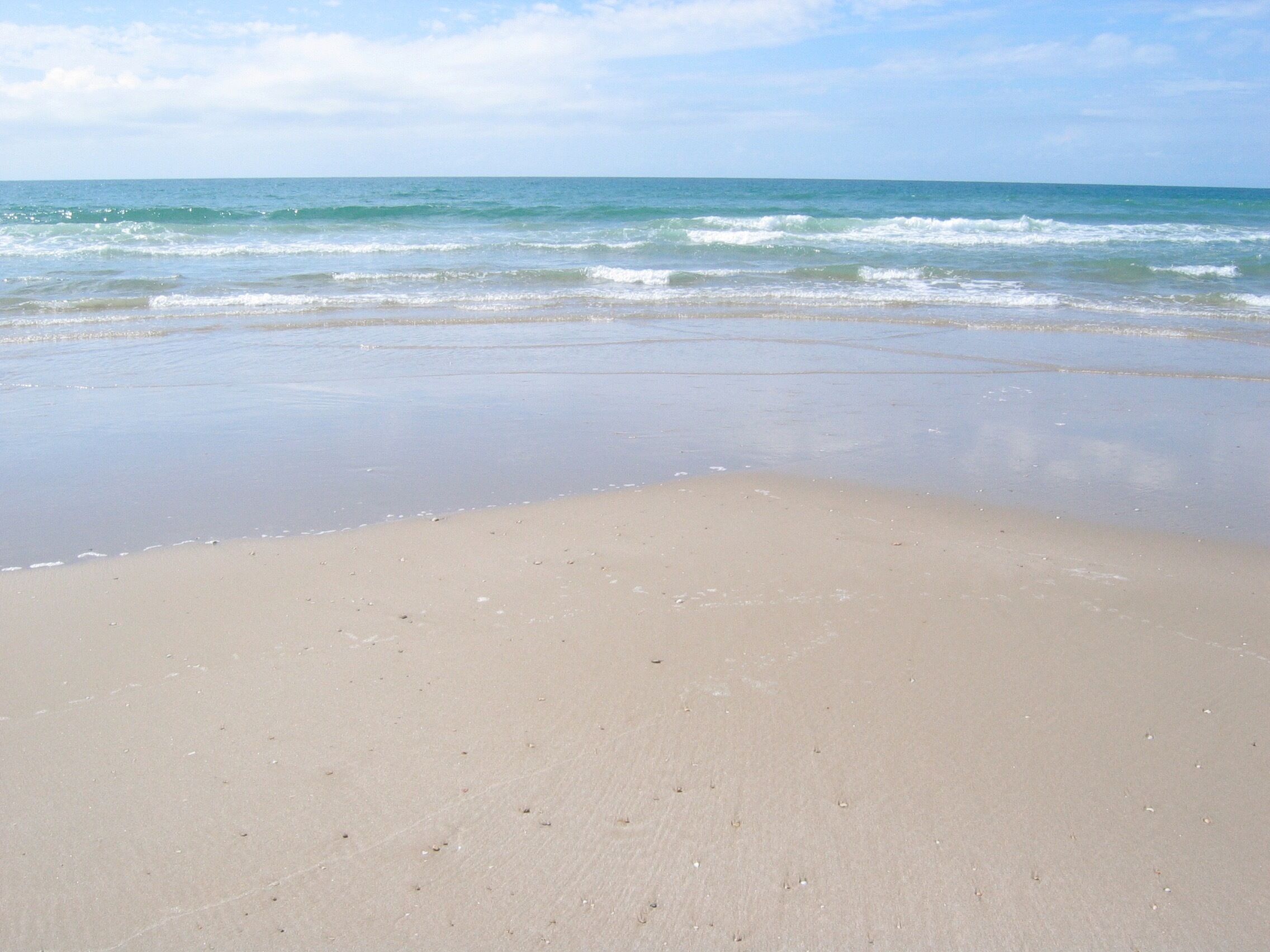 A beach with a clear sky and calm sea.