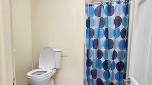 A small bathroom with a toilet, a shower curtain, and a door.