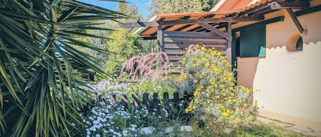 A garden with various plants and flowers, a wooden pergola, and a building with a tiled roof.