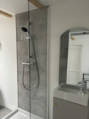 Hair dryer, towels, soap, toilet paper