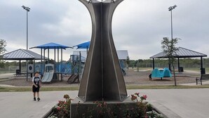 En skulptur av metall som liknar ett träd och har en reflekterande yta. Den står på en betongsockel med en plakett och är placerad i en park med en lekplats i bakgrunden.