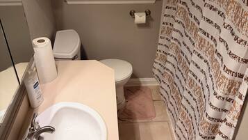 Hair dryer, towels, soap, shampoo