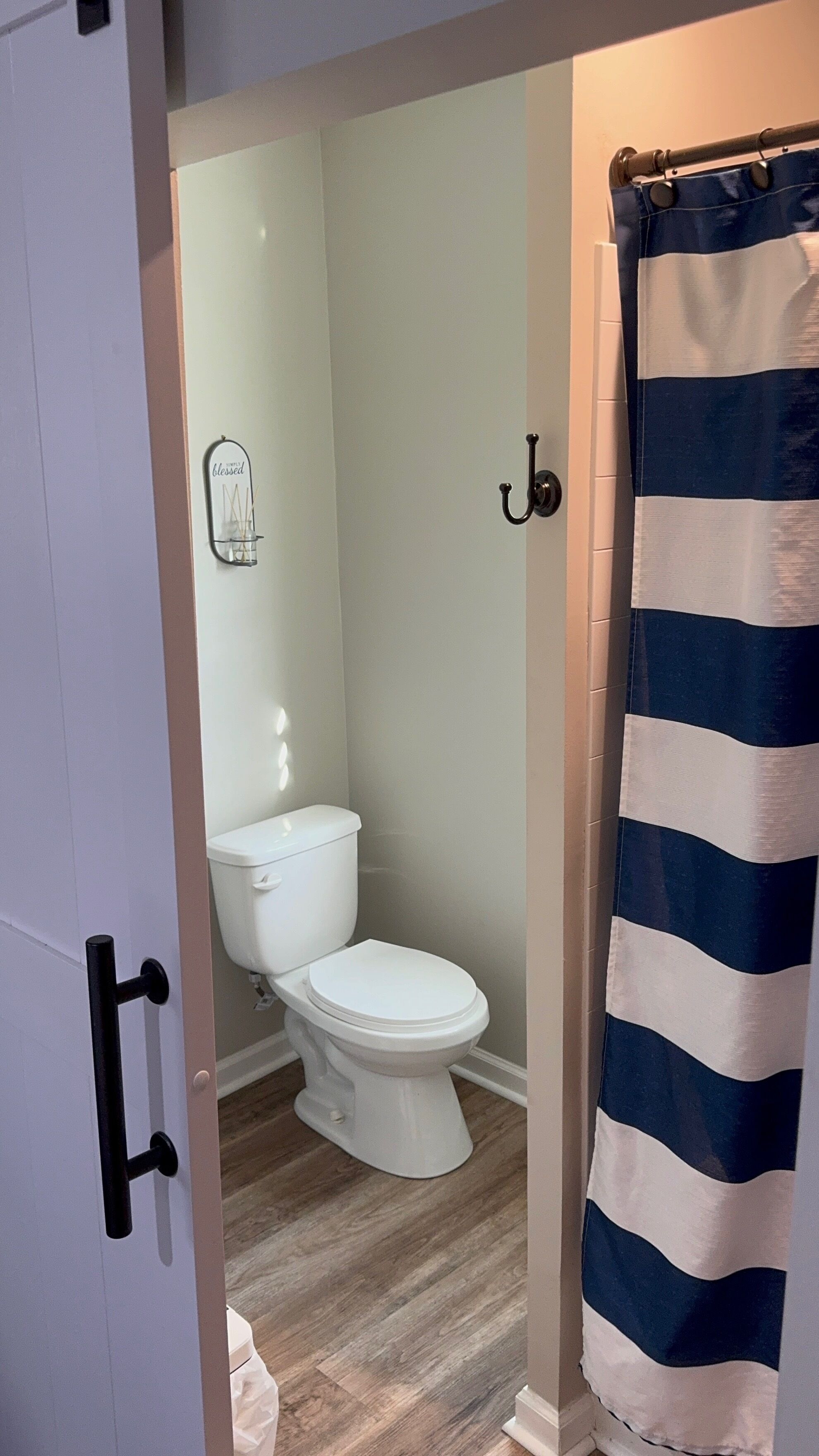 Een badkamer met een wit toilet, een handdoekhouder en een gestreepte douchegordijn.