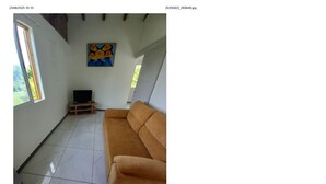 A spacious room with a large window, a sofa, and a painting on the wall. - Country bungalow (Le Moule)