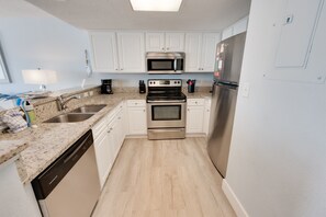 Fridge, microwave, coffee/tea maker, toaster