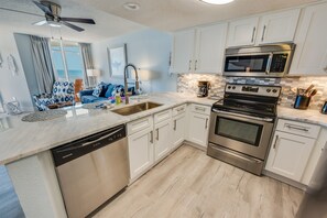 Fridge, microwave, coffee/tea maker, toaster