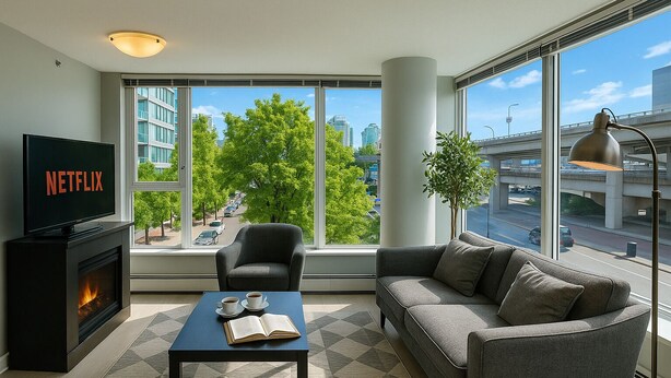 A modern living room with a fireplace, a sofa, a coffee table, and a TV displaying 'NETFLIX'.