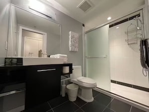 Hair dryer, towels, toilet paper